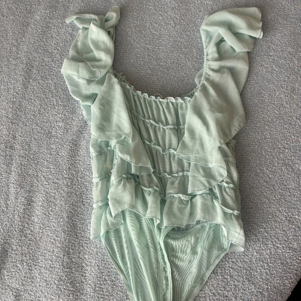 Free People Intimately Juliet Sheer Ruffle Bodysuit | Size M | Blue - Picture 5 of 6